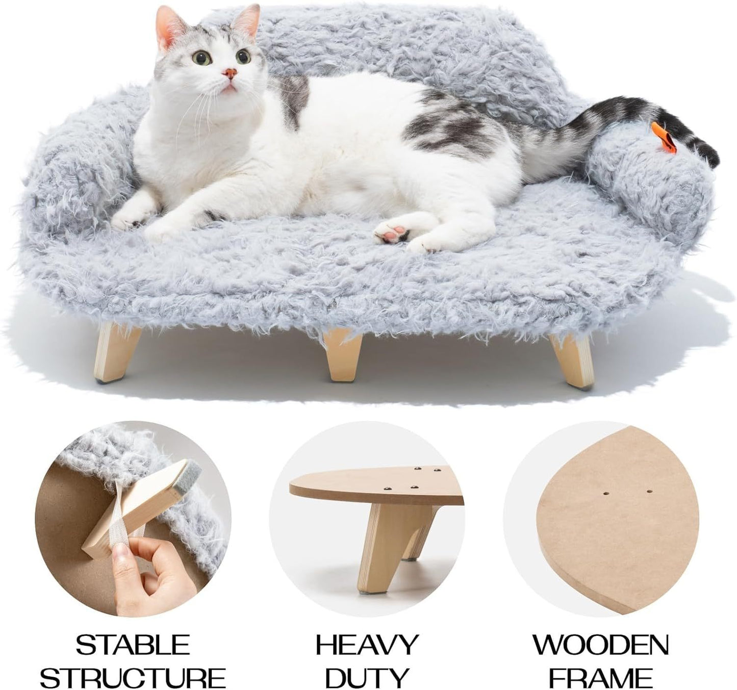 🐾 MEWOOFUN Elevated Cat Bed with Washable Cover – Wooden Pet Sofa for Cats & Small/Medium Dogs, Grey, Modern Design ✨
