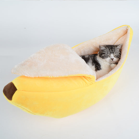 Removable & Washable Cat’s Nest – Round Plush Banana Bed for Cats & Small Dogs