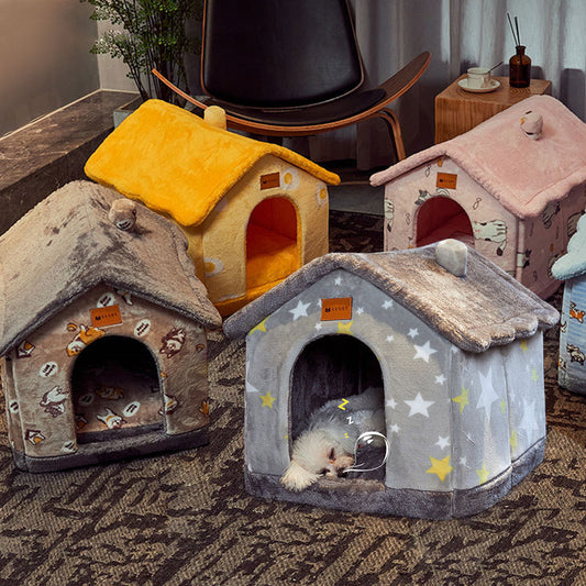 Foldable Pet House – Warm Enclosed Dog & Cat Bed with Removable Nest