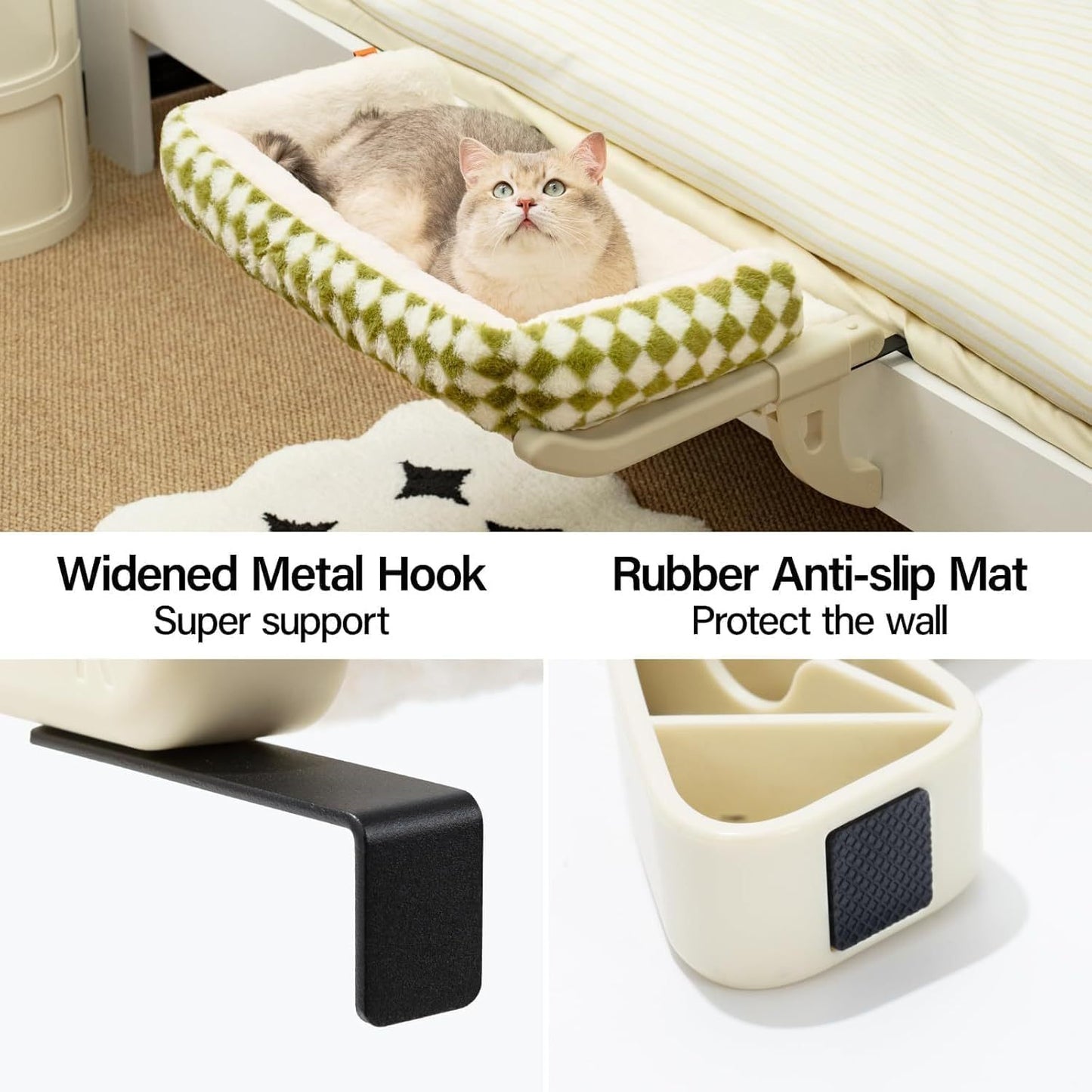 MEWOOFUN Cat Window Sill Perch For Indoor Cats, One-Step Sliding Clamping Slot Adjustment Cat Window Hammock With Removable Covers, Cat Bed For Windowsill & Bedside Green, Large