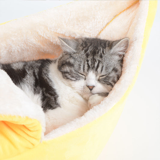 Removable & Washable Cat’s Nest – Round Plush Banana Bed for Cats & Small Dogs