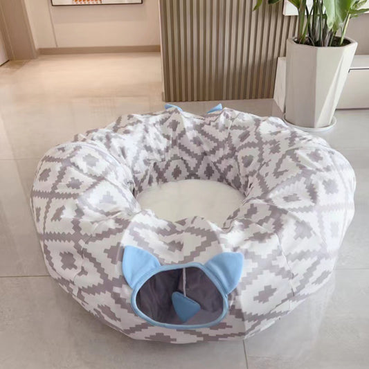Plus-Sized Foldable Cat Tunnel Toy – Gray Striped Flannel Tunnel for Cats