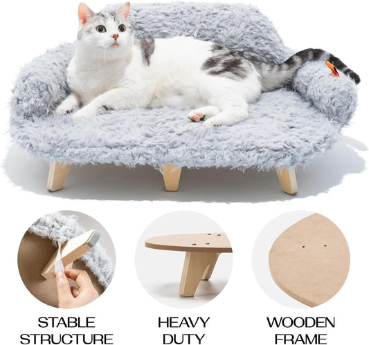 🐾 MEWOOFUN Elevated Cat Bed with Washable Cover – Wooden Pet Sofa for Cats & Small/Medium Dogs, Grey, Modern Design ✨