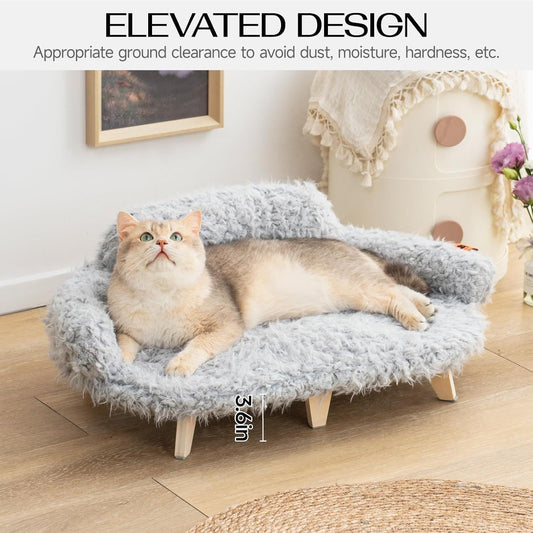 🐾 MEWOOFUN Elevated Cat Bed with Washable Cover – Wooden Pet Sofa for Cats & Small/Medium Dogs, Grey, Modern Design ✨