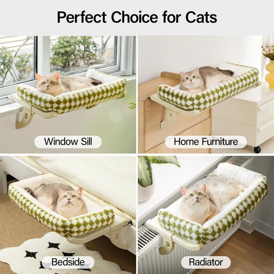 MEWOOFUN Cat Window Sill Perch For Indoor Cats, One-Step Sliding Clamping Slot Adjustment Cat Window Hammock With Removable Covers, Cat Bed For Windowsill & Bedside Green, Large