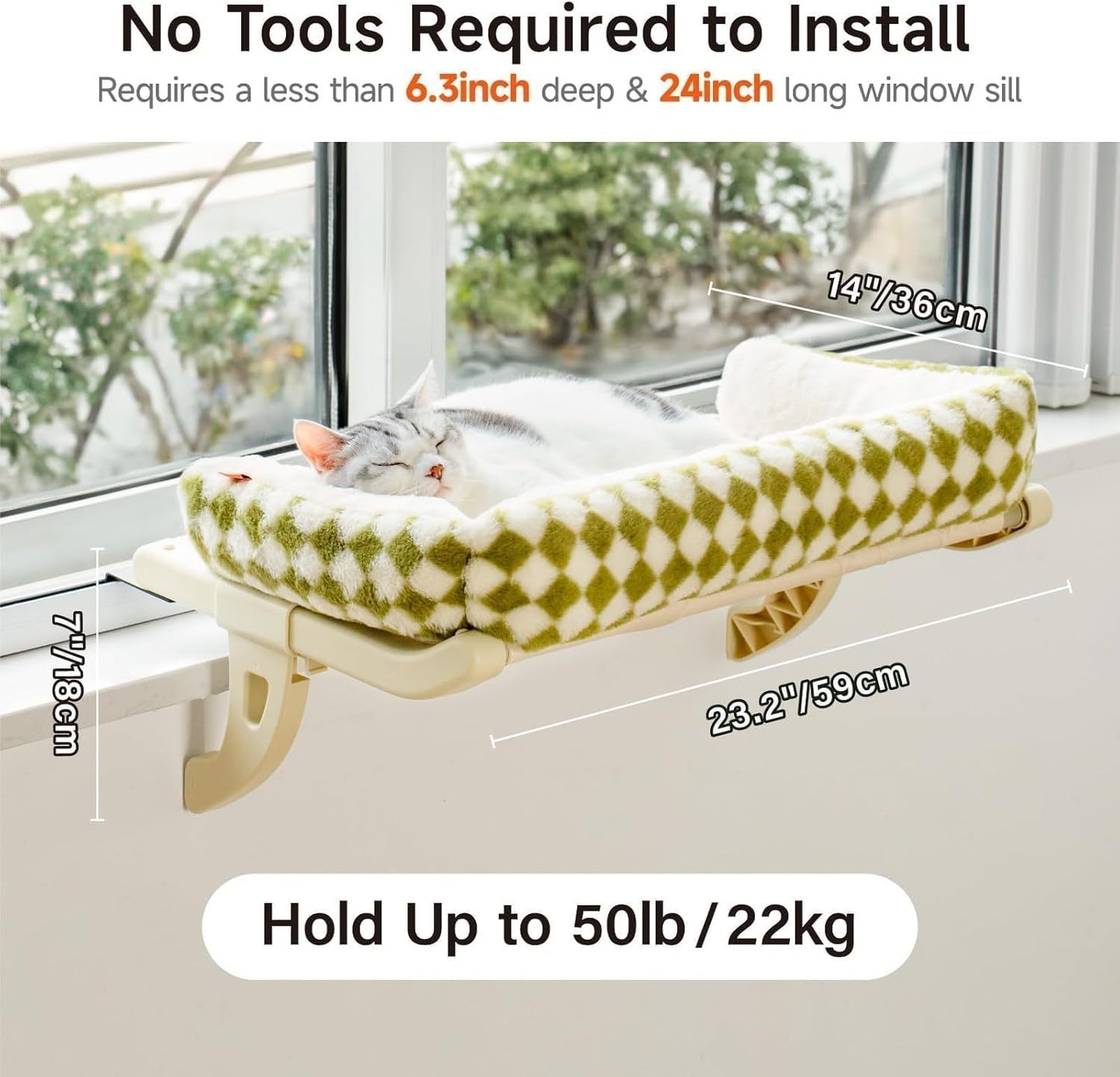 MEWOOFUN Cat Window Sill Perch For Indoor Cats, One-Step Sliding Clamping Slot Adjustment Cat Window Hammock With Removable Covers, Cat Bed For Windowsill & Bedside Green, Large