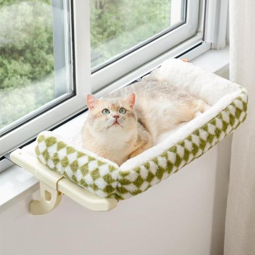 MEWOOFUN Cat Window Sill Perch For Indoor Cats, One-Step Sliding Clamping Slot Adjustment Cat Window Hammock With Removable Covers, Cat Bed For Windowsill & Bedside Green, Large